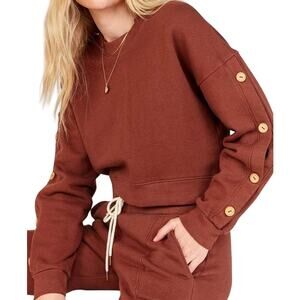 Mate The Label Harvey Sweater Crewneck Button Sleeve Detail Tobacco Brown Medium